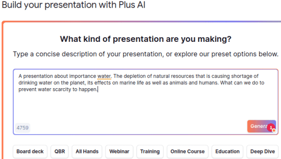 Plus AI Enter Prompt to Generate Slides