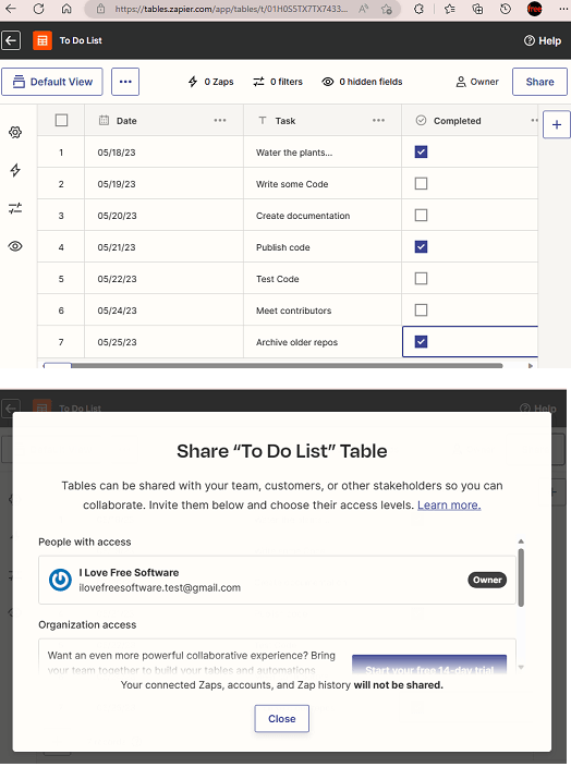 Zapier Tables Created and Share