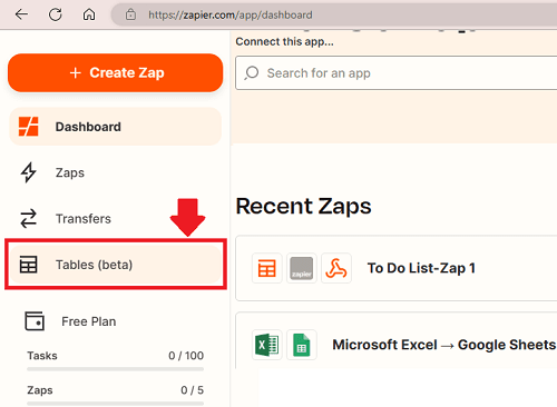 Zapier Tables on Dashboard