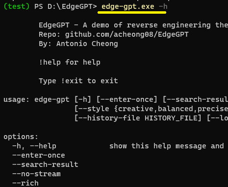 EdgeGPT Test Command