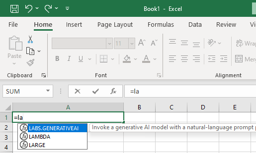 Excel Labs Generative AI Formula