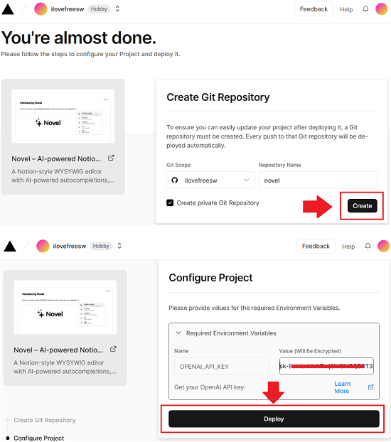 Novel Deploy to Vercel Specify Open AI APi Key