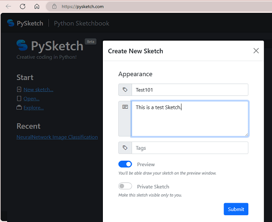 PySketch Create a Project