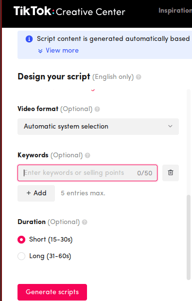 TikTok Script Generator Specify Video Length Keywords