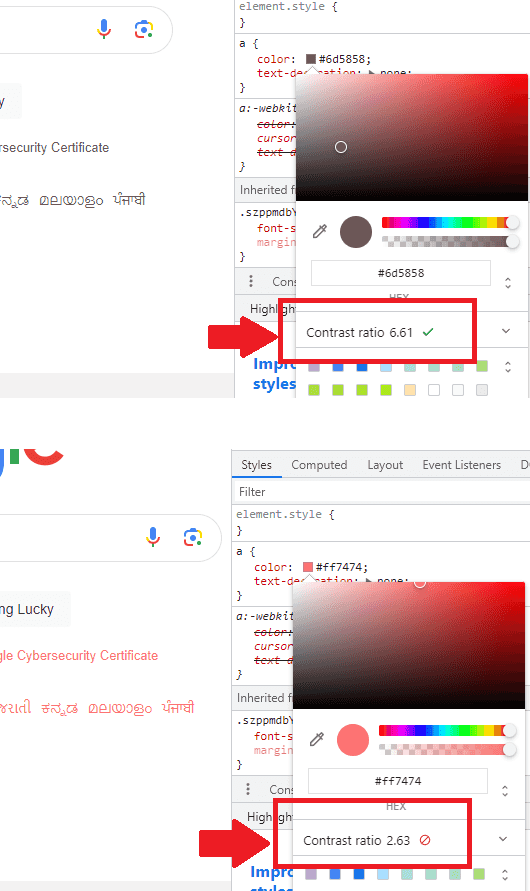 DevTools Showing Color Contrast