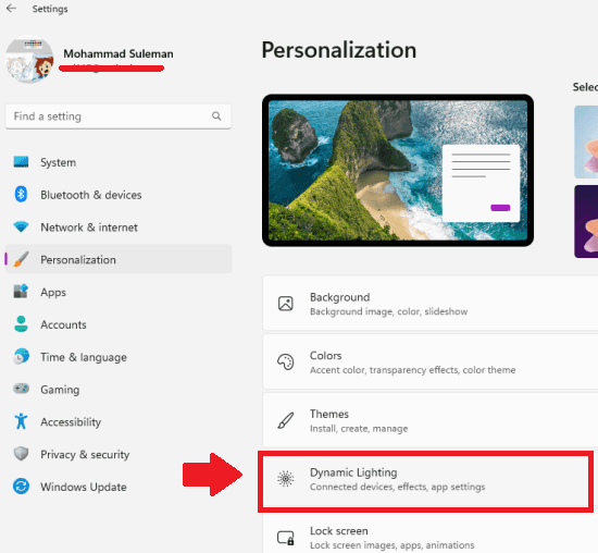 Dynamic Lightning in Personalization Settings Windows 11