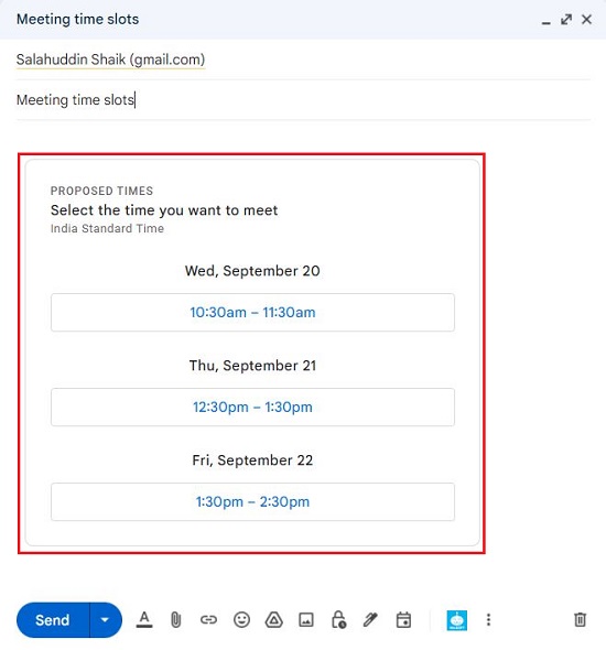 Meeting time slots in email