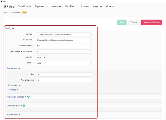 Paisa Config page