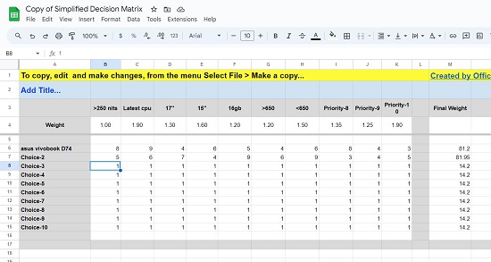 Simplified Decision Matric Google Sheets
