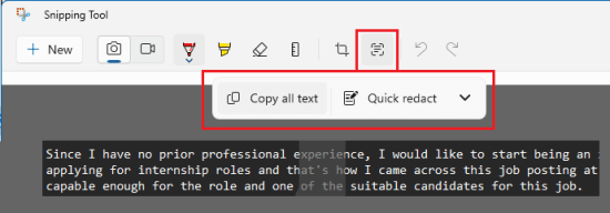 Snipping Tool Text Actions Activate