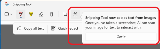 Snipping Tool Text Actions