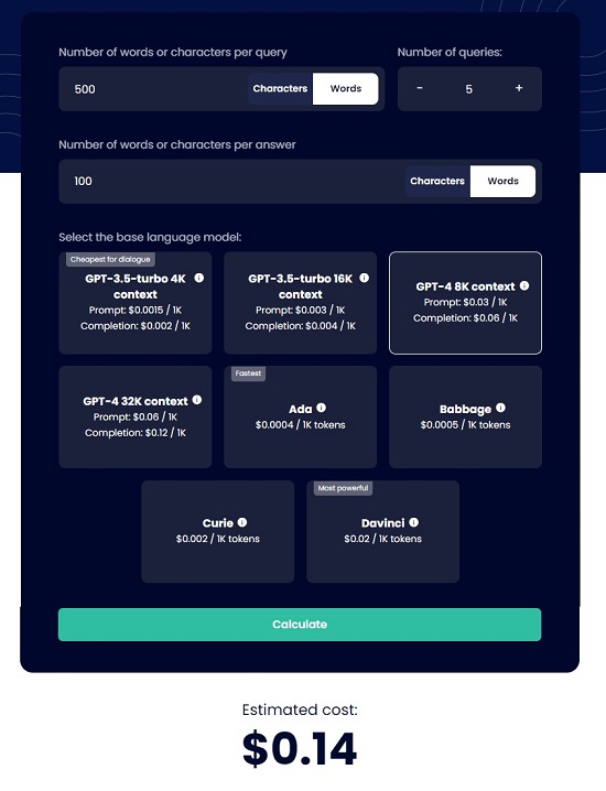 Botwise Open AI API calculator