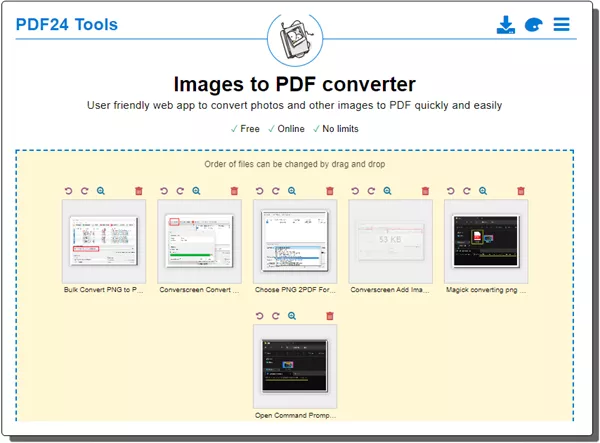 Bulk Convert PNG to PDF Free on PDF24