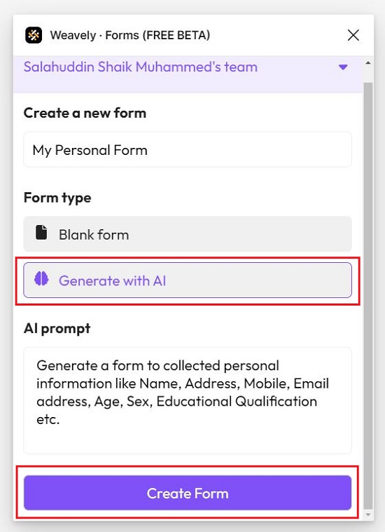 Generate form with AI