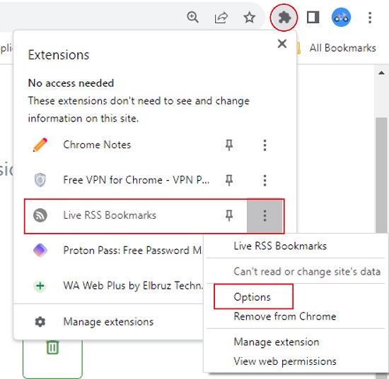 Live RSS Bookmarks Options