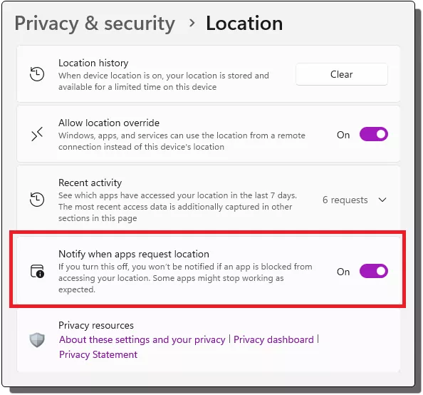 Notify Location Setting