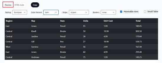 Preview Table