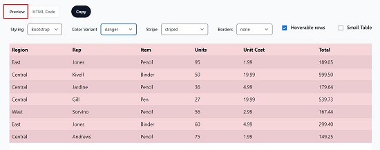 Preview Table