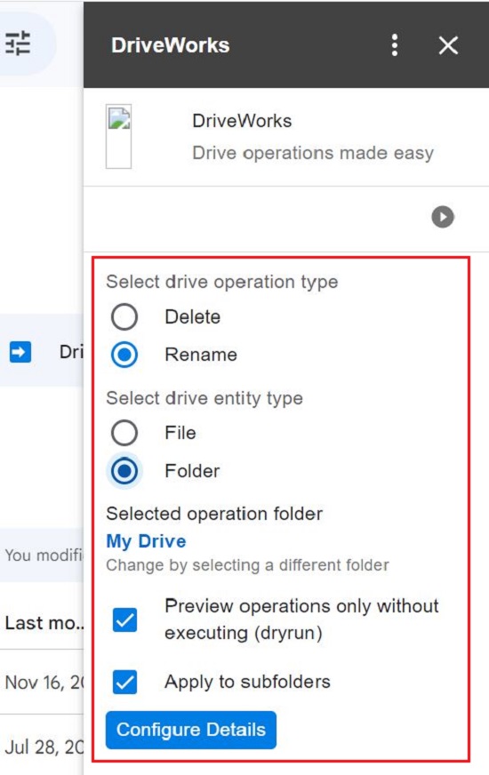 Select drive operation and entity