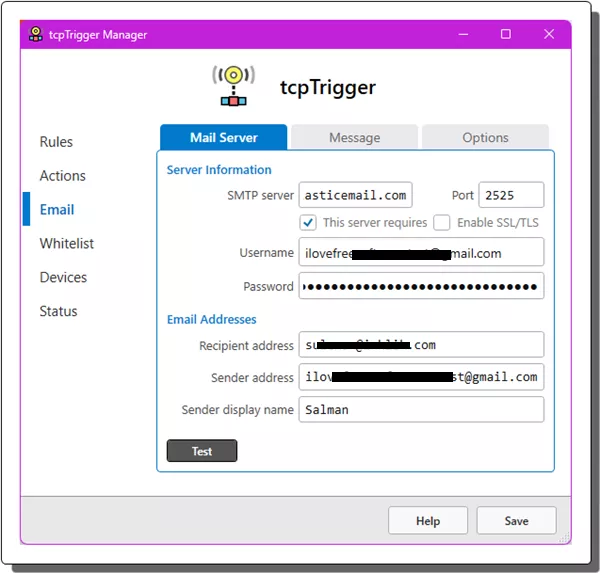 TCPTrigger EmaiL Config