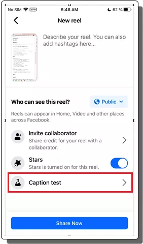 Caption test Meta Facebook Reels