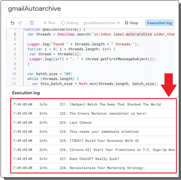 Gmail Create Autoarchive script results