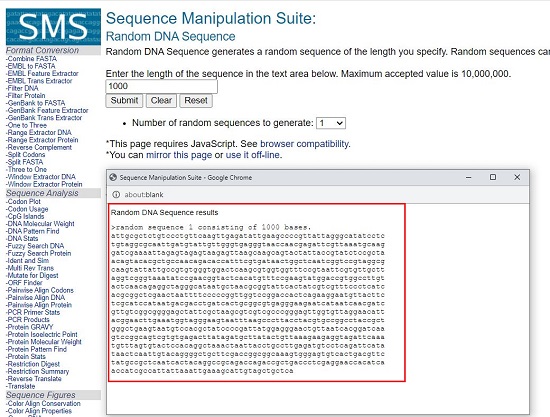 Random DNA sequence generator from bioinformatics