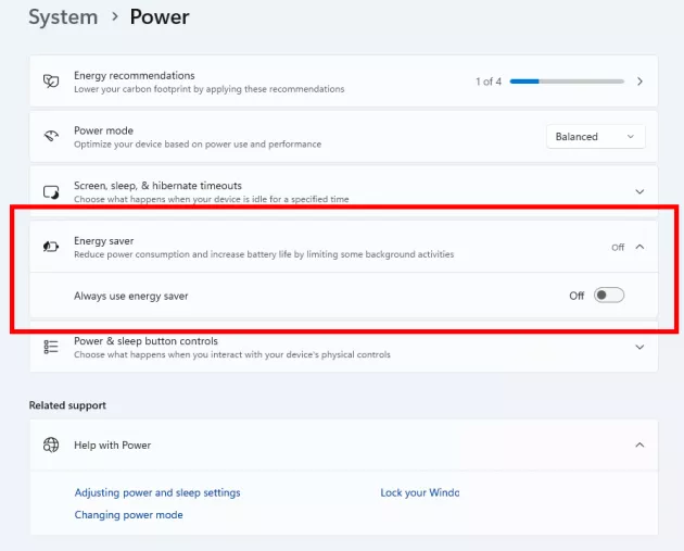 Windows 11 Energy Ssaver Settings