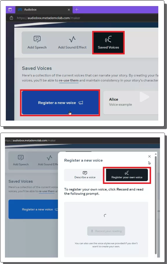 Audiobox Register own voice