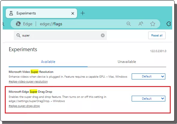 Microsoft Edge Super Drag Drop Flag
